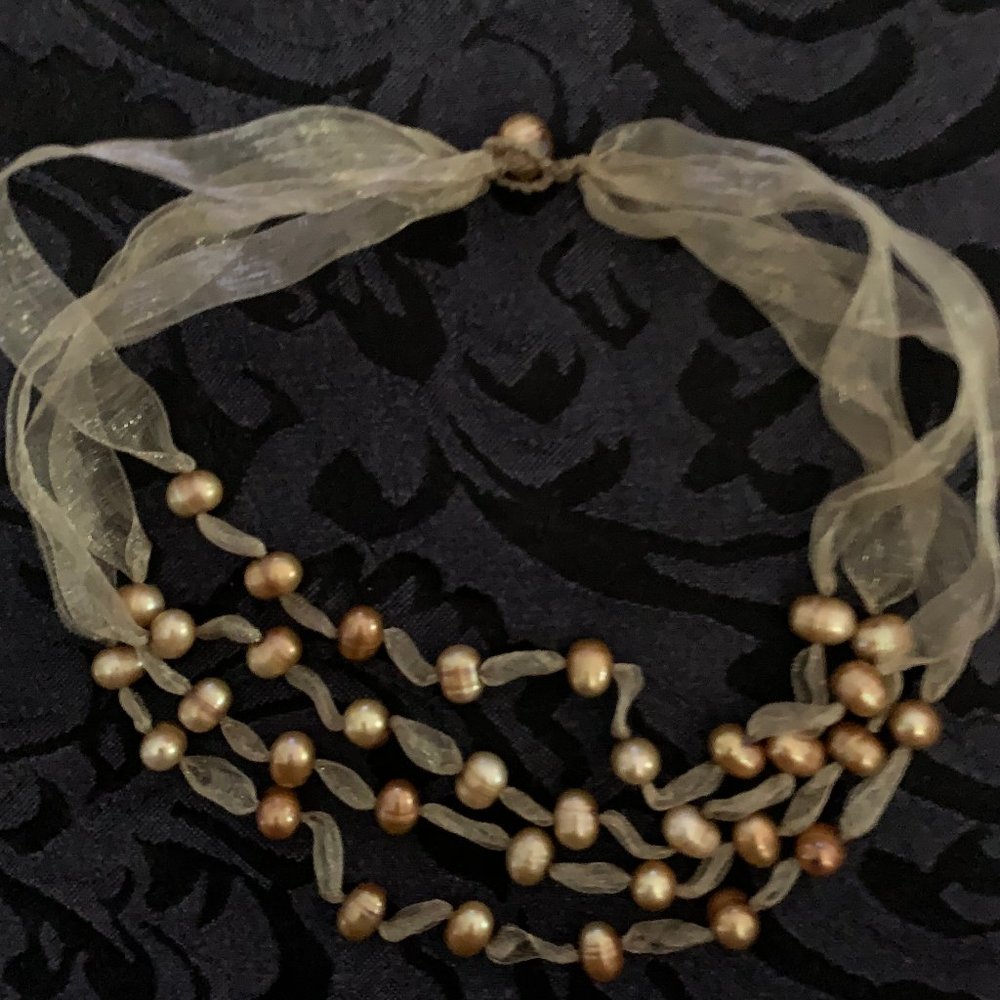 4 Strand Gold color pearls on organza necklace